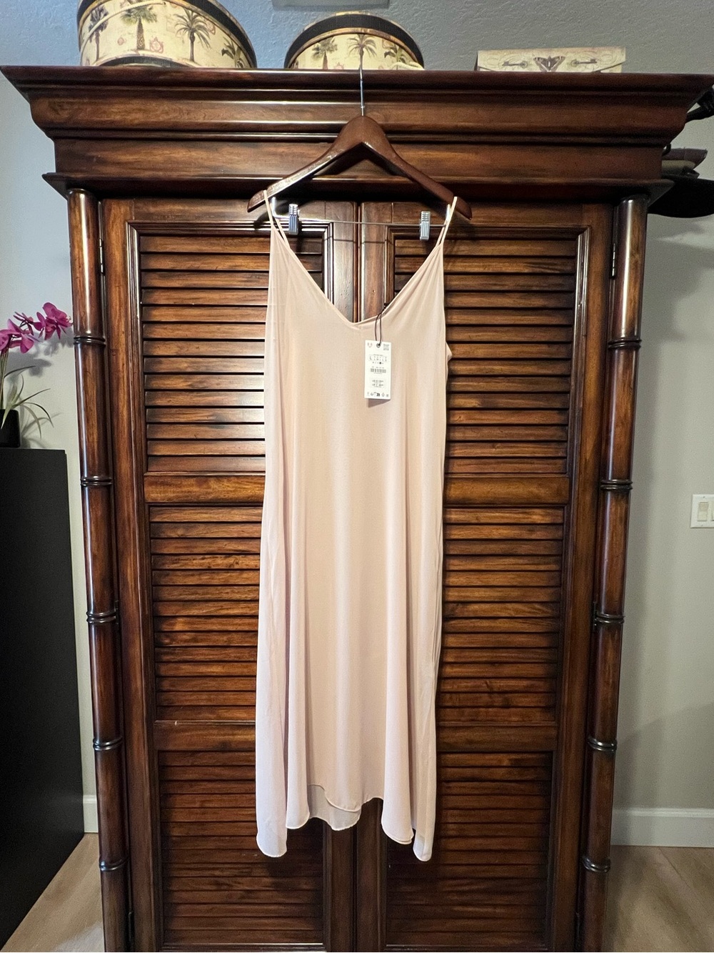 NWT Zara Slip‎ Sheer Maxi Dress Nude Light Beige Resort Wear Romantic Cover Up L